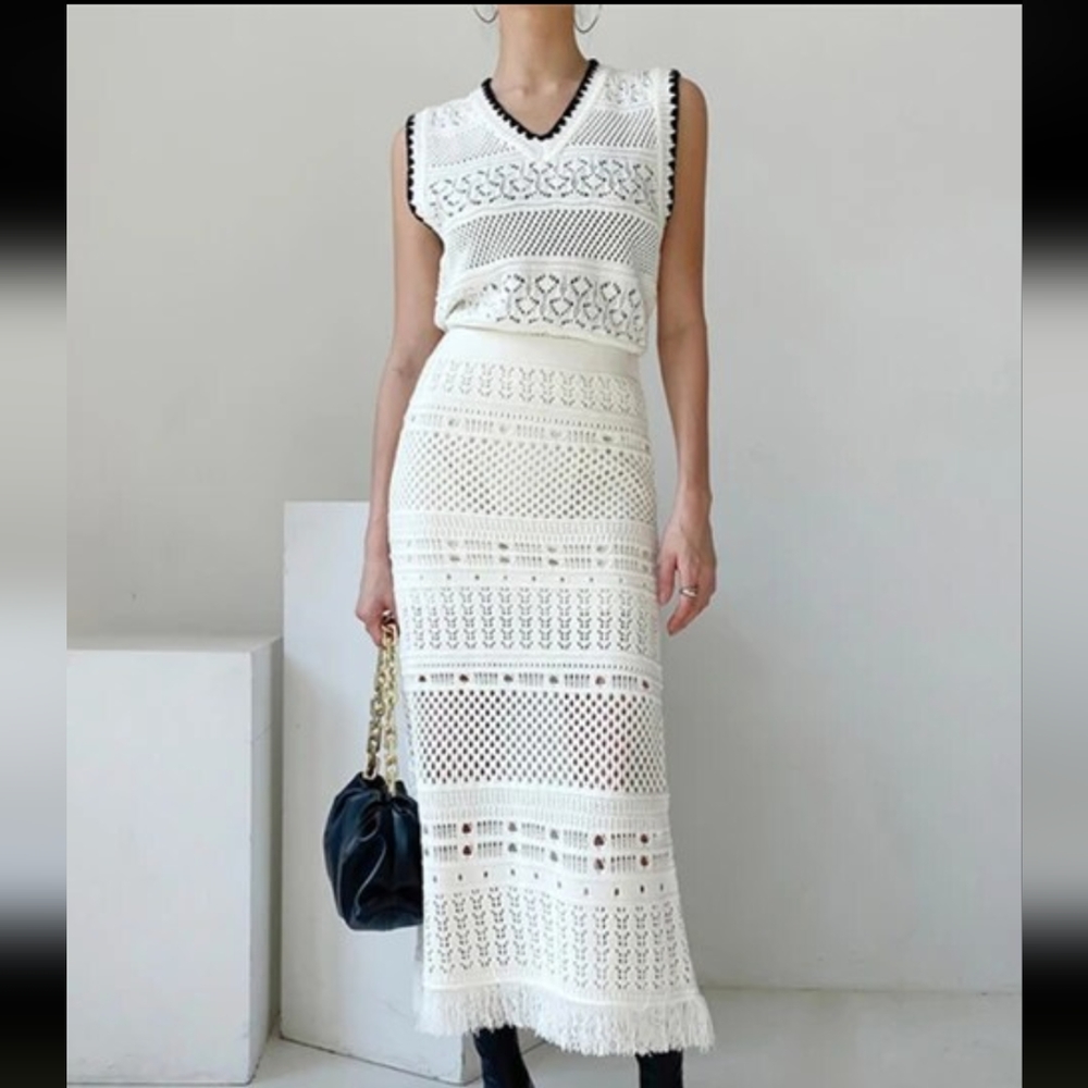 New! Vintage Hollow Out Knitted Women Skirt Sets